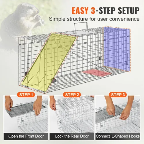 Miniatura 5 de VEVOR Trampa de jaula para animales vivos, 31 x 10 x 12 pulgadas, trampa para gatos humanitarios de hierro galvanizado, trampa plegable