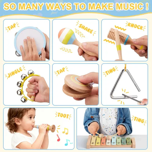 Miniatura 3 de Juego de instrumentos musicales para bebés, juguetes de música de madera Montessori para niños pequeños de 3, 4, 5 años, kit de música de percusión