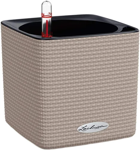 Lechuza Cube Color 16 Sand Brown, maceta pequeña de interior con riego automático, 6.3 pulgadas de largo y 6.7 pulgadas de ancho