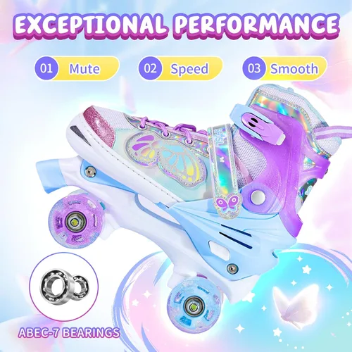 Miniatura 6 de SHDSL Kids Roller Skates for Girls Boys Beginner, 4 Size Adjustable Quad Butterfly Roller Skates with All Light up Wheels, Birthday Gift for Girls