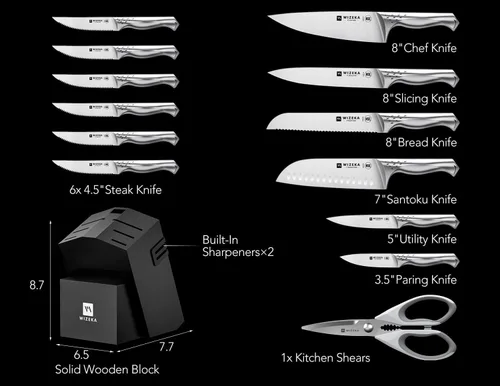 Miniatura 5 de WIZEKA Juego de cuchillos de cocina con bloque: juego de 15 piezas de cuchillos de chef profesionales ultra afilados con afilador, juego de bloque