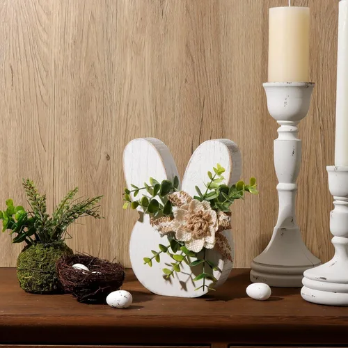 Miniatura 4 de Decoraciones de Pascua para el hogar: Rústica Antigua Conejito de Madera Feliz Pascua Mesa, Conejo Blanco de Granja con Flores Conejo de Madera