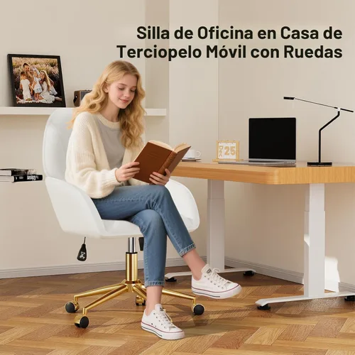 Miniatura 4 de Silla de escritorio para oficina en casa cómoda con ruedas ajustables y giratorias, silla moderna de terciopelo para maquillaje con respaldo y Blanco