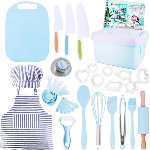 JoyTown - Juego de cocina y hornear para niños con estuche de almacenamiento, suministros de cocina reales con libro de cocina, cuchillos,