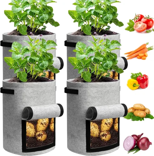 Miniatura 11 de JJGoo Juego de 2 bolsas de cultivo de patatas de 10 galones con solapa, bolsas de cultivo de tela resistentes con asa y ventana de cosecha, macetas