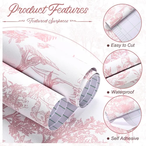 Miniatura 9 de WENMER Papel Tapiz Toile, 17.7" X 118" Rosa y Blanco Despegar y Pegar Papel de Pared, Papel Tapiz Toile de Jouy, Papel de Contacto Vintage Francés