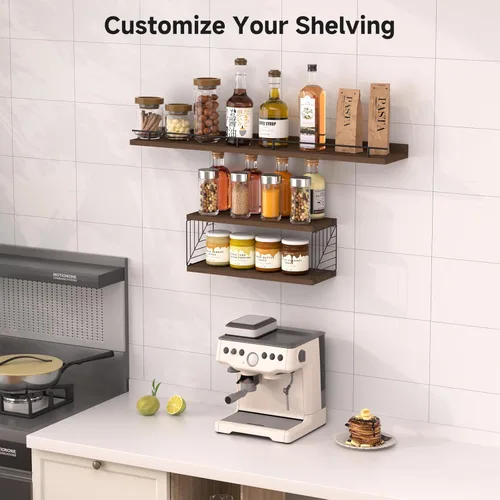 Miniatura 6 de Estantes flotantes para pared, estante flotante para baño, juego de 3, estante flotante para pared con soporte de papel higiénico para baño, Marrón