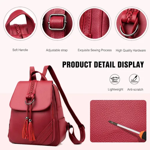 Miniatura 5 de FANDARE Mochila vintage para mujer con borla, mochila de cuero PU para mujer, Negro, Grande