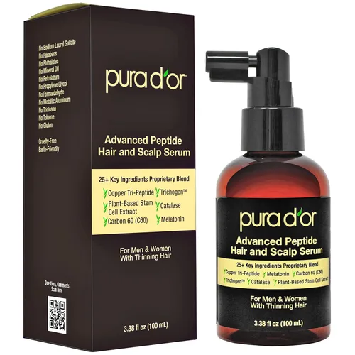 PURA D'OR Advanced Hair & Scalp Serum 3.38 oz – Para adelgazamiento del cabello con triple péptido de cobre, cafeína, mezcla de extracto botánico,