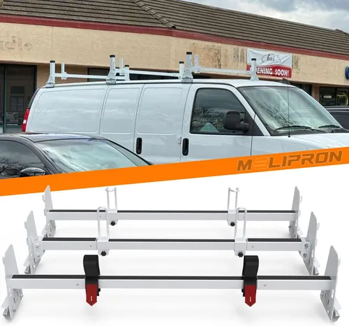 Miniatura 9 de MELIPRON Portaequipajes de techo para camioneta de 800 libras para Chevy Express de tamaño completo 1996 en adelante, estante de escalera