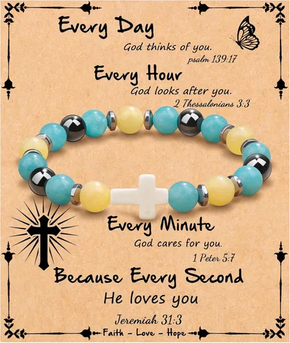Miniatura 23 de JoycuFF Regalos Cristianos, Pulseras de Cruz para Mujeres, Joyería Cristiana Católica Religiosa de Fe de Pascua, Pulseras de Piedra Natural