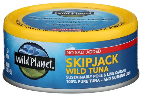 Wild Planet Skipjack Atún salvaje, sin sal añadida, pescado enlatado, atún enlatado, capturado de forma sostenible, sin OMG, Kosher, sin gluten,