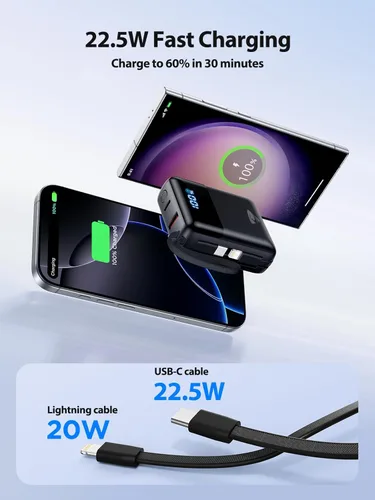 Miniatura 2 de Cargador portátil de 10000 mAh de carga rápida, batería USB C de 22.5 W con cables integrados, pequeño cargador portátil de viaje esenciales