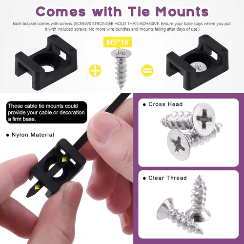 Miniatura 5 de Swpeet 360 bridas negras con cierre automático para cables (5.906 x 0.157 in) y base de montaje de brida de cables tipo sillín de 0.24 pulgadas