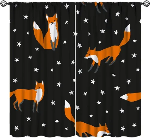 Miniatura 20 de Cortinas opacas de dibujos animados de animales de bosque naranja, zorro, flores, luna, hojas azules, arte abstracto, niños y niñas, decoración