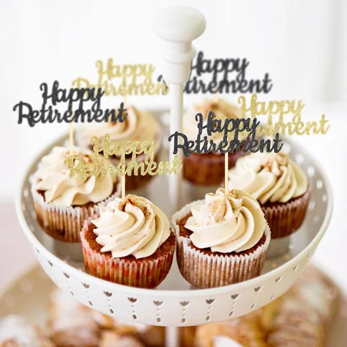 Miniatura 4 de 36 piezas de adornos oficiales para cupcakes de jubilación con purpurina para jubilados, decoración de pasteles para fiestas temáticas de despedida