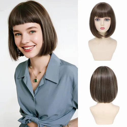 Peluca Bob Marrón Ceniza con Flequillo, Peluca Corta y Lisa para Mujeres y Niñas, 12 Pulgadas, Resistente al Calor, Peluca de Cabello Bob Sintético