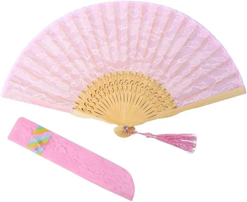 Abanico de mano plegable de bambú japonés chino para novia, abanicos de encaje rosa para mujer, ventilador retro vintage hecho a mano plegable para