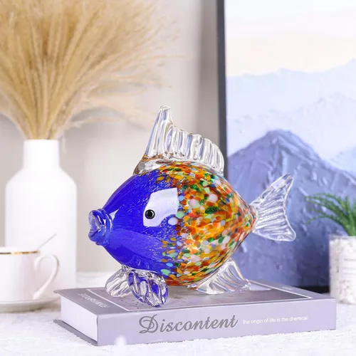 Miniatura 6 de Colorida figura de pez de vidrio soplado – Escultura de animales de arte azul para decoración del hogar en la costa del océano, adorno de pez