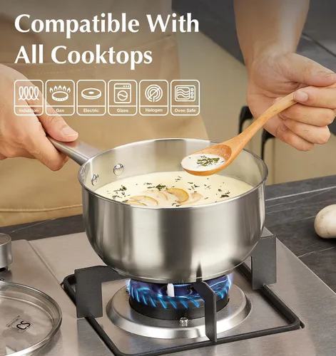 Miniatura 3 de KOCH SYSTEME CS Cacerola de acero inoxidable de 1 cuarto de galón, cacerola de 1 cuarto de galón con tapa, sartén de acero premium, sartén Indutcion