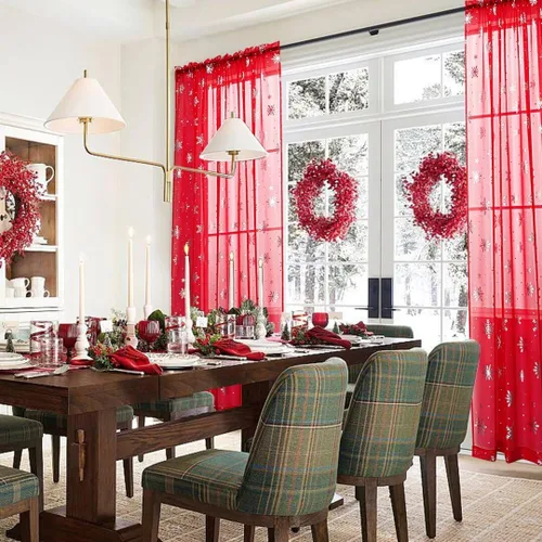 Miniatura 6 de Cortinas traslúcidas de Navidad para sala de estar, cortinas transparentes con estampado de copos de nieve de lujo, cortinas con bolsillo