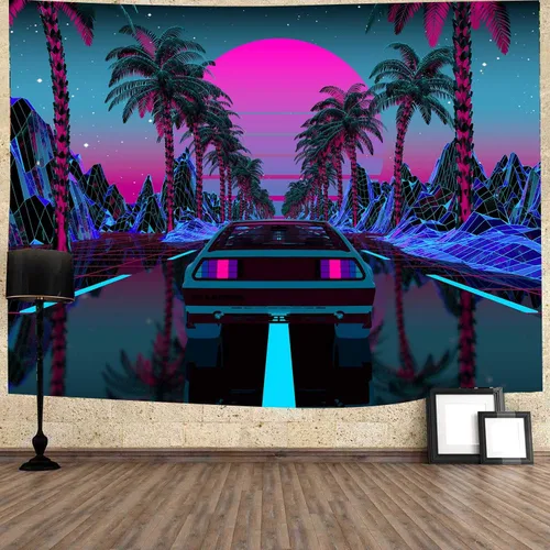 Miniatura 8 de Ine Ive Tapiz de coche de los años 80, escena urbana de la calle, palmeras, puesta de sol, cielo estrellado, tapiz de pared punk, 40 x 30 pulgadas