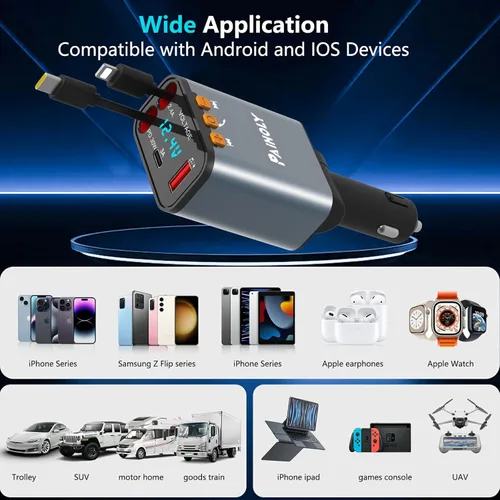 Miniatura 7 de Adaptador Bluetooth 5.3 para automóvil, transmisor FM cargador de coche Bluetooth, cargador de coche retráctil 4 en 1, adaptador de carga rápida USB