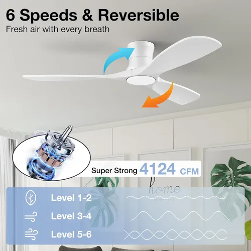 Miniatura 5 de Ventiladores de techo inteligentes de perfil bajo de 52 pulgadas con control remoto de luces, motor de CC silencioso, ventilador de techo empotrado