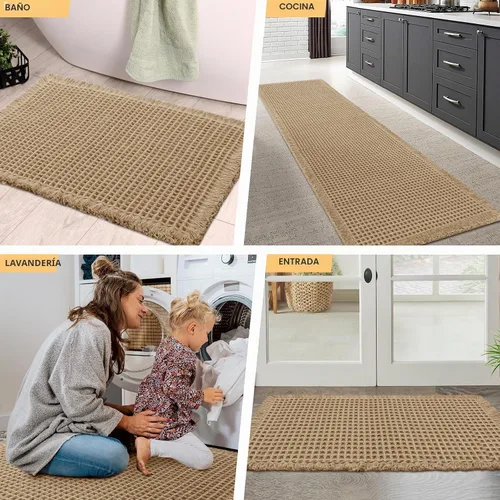 Miniatura 7 de IM HOME Tapete de baño de punto gofre, color caqui, de 24 x 17 pulgadas, tejido bohemio, moderno, absorbente, antideslizante, suave, lavable