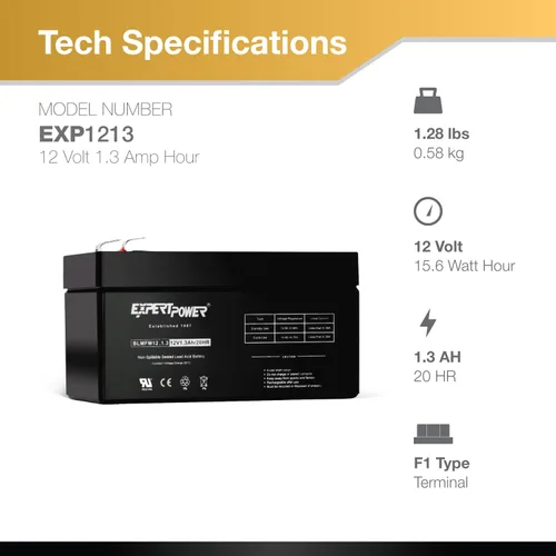 Miniatura 2 de ExpertPower EXP1213 - Batería recargable de 1.3Ah 12V AGM SLA con terminales F1, plomo ácido sellado, pequeña batería de repuesto de 12 voltios