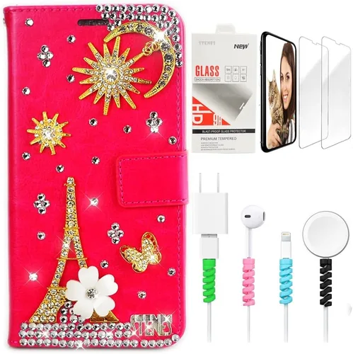 Miniatura 5 de Bling Wallet - Funda de cuero compatible con Google Pixel 6a, elegante, hecha a mano en 3D, con libélula y purpurina para bicicleta, con protector