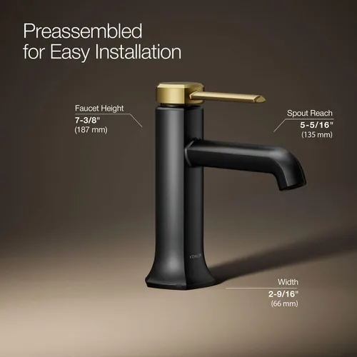 Miniatura 4 de KOHLER 27000-4K-BMB - Grifo de baño de un solo mango con montaje de drenaje emergente, grifo de lavabo de baño de un agujero, 1.0 gpm, negro mate