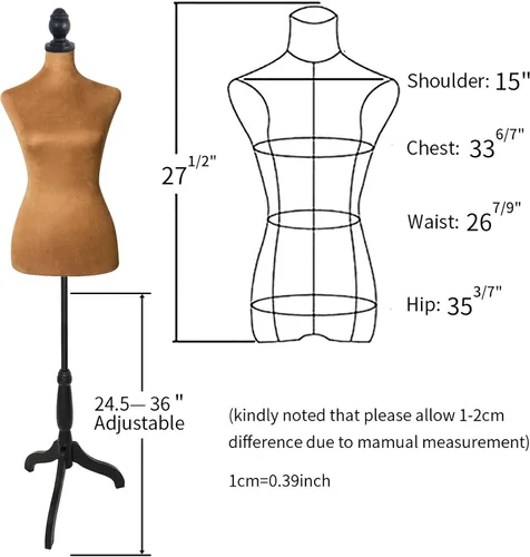 Miniatura 5 de Maniquí de ropa para mujer, forma de vestido de maniquí de 58 a 67 pulgadas de altura ajustable, soporte de trípode para cuerpo de maniquí marrón
