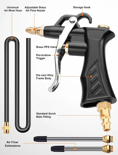 Miniatura 2 de Pistola de soplado de aire industrial con boquilla ajustable de latón, pistola de soplador de aire neumática con 2 extensiones de acero y manguera