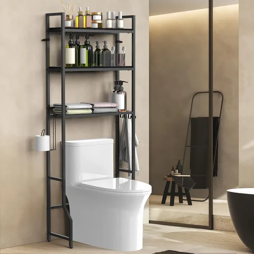 Organizador de baño de 3 niveles sobre el inodoro, organizador de baño de madera, ahorro de espacio, soporte independiente sobre el inodoro con 4