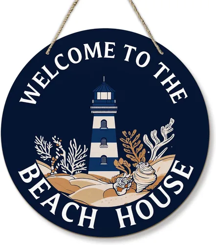 PHAMTE Coastal Beach House Round Wreath Sign, Navy Blue Nautical Lighthouse Wall Hanging Plaque Wood Sign, Welcome to the Beach House Decor