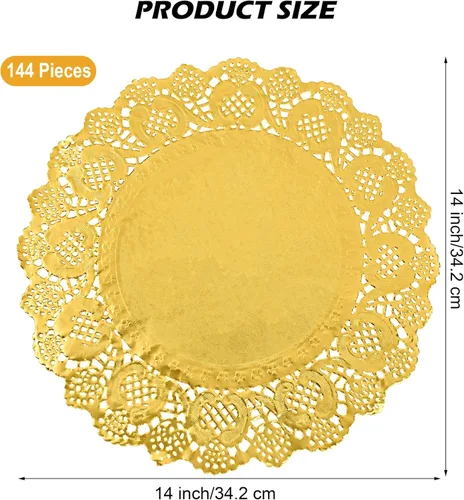 Miniatura 2 de MCEAST 144 manteles individuales redondos de 14 pulgadas de encaje dorado desechables para pasteles, manualidades, fiestas, bodas, decoración