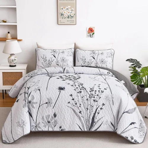Miniatura 9 de Dobuyly - Juego de edredón para cama tamaño Queen, con diseño floral botánico en color teja, juego de edredón de 3 piezas, de microfibra suave