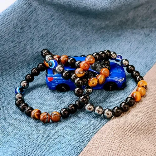 Miniatura 82 de Pulseras de triple protección con piedra de ojo de tigre de obsidiana negra con hematita para hombres y mujeres, pulsera de piedra curativa