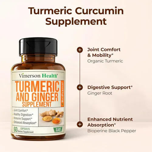 Miniatura 5 de Suplemento natural de apoyo para las articulaciones con BioPerine y 95 % de curcuminoides; contiene curcumina de cúrcuma, cúrcuma, jengibre