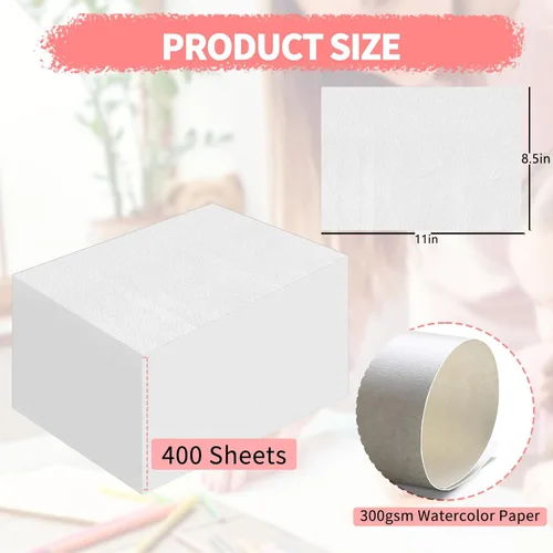 Miniatura 2 de ZAYOUAU 400 hojas de papel de acuarela de algodón a granel, 8.5 x 11 pulgadas, 300 GSM, papel de pintura de prensa en frío blanco para niños