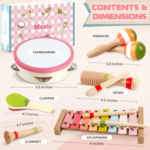 Miniatura 6 de Instrumentos musicales para bebés - Juguetes musicales de madera Montessori para niños de 1 a 3 años, juego de xilófono, maracas y pandereta, Arcoír