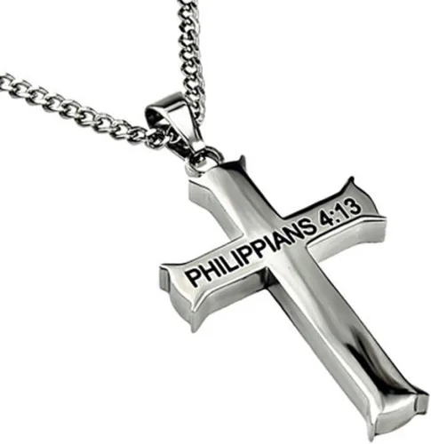 Miniatura 2 de Joyería de Filipenses 4:13, collar de cruz, versículo bíblico de fuerza de acero inoxidable con cadena de bolas