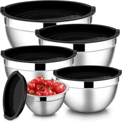 E-far Juego de 5 tazones para mezclar con tapas, de acero inoxidable, color negro, cuencos de metal con tapas herméticas para cocinar, hornear,