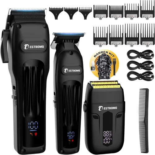 BESTBOMG® Cortapelo para hombres, cortapelos profesionales, juego de afeitadora recargable y recortador de barba, hoja en T metálica, pantalla LED,