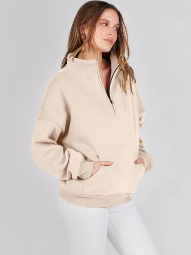 Miniatura 6 de ANRABESS Sudaderas con media cremallera para mujer, sudaderas cortas de gran tamaño, con cremallera de un cuarto, suéter de forro polar, suéter