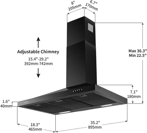 Miniatura 6 de SNDOAS Campana Extractora Negra de 36 Pulgadas, Campana Extractora de Acero Inoxidable de Montaje en Pared Negra, Campana Extractora de Cocina