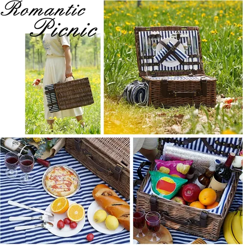 Miniatura 5 de Cesta de picnic para 2 personas – Cestas con enfriador y manta de picnic, cesta de picnic clásica de mimbre con alfombrilla de playa impermeable y a