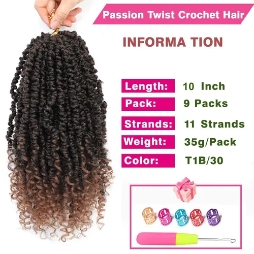 Miniatura 2 de 9 paquetes de cabello pretrenzado Passion Twist de 10 pulgadas, cabello de ganchillo Passion Twist con ombre marrón, trenzas de ganchillo bohemio