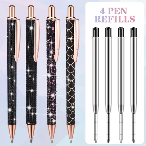 Miniatura 6 de Ireer 4 bolígrafos brillantes de diamantes de imitación para mujer, bolígrafo de tinta de metal con purpurina de cristal con 4 recambios de 0.039